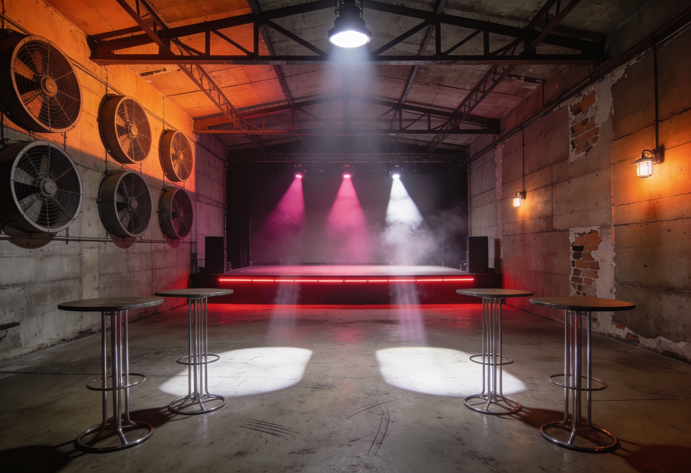 Endüstriyel depoya dönüştürülmüş underground müzik mekanı boş sahneyle