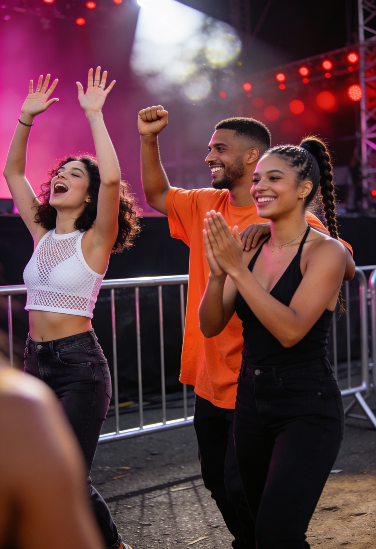 Üç genç festival katılımcısı kalabalık içinde dans ediyor