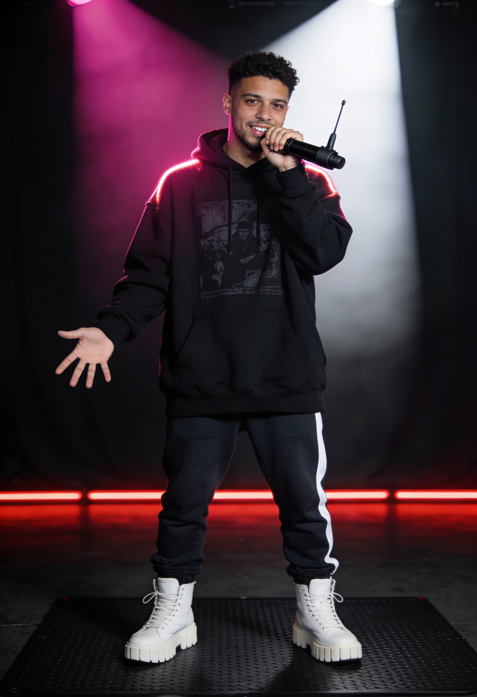 Mikrofon tutan hip-hop sanatçısı sahne önünde yakın çekim portresi
